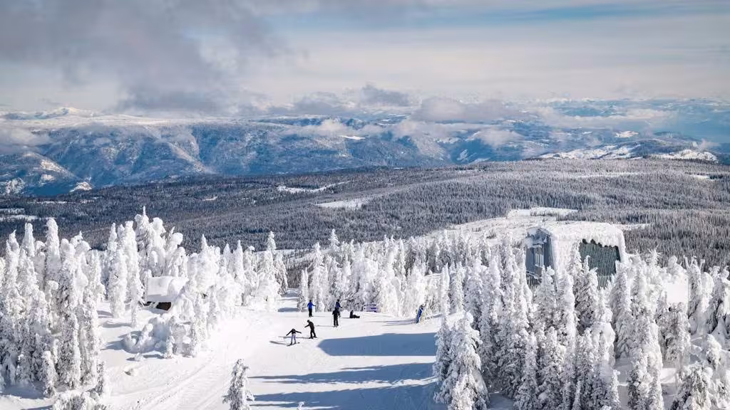 Snowy mountain landscape with skiers and snow-covered trees.