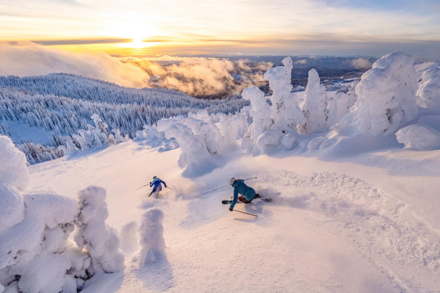 Skier carving through deep snow beneath frosted trees at sunrise.
