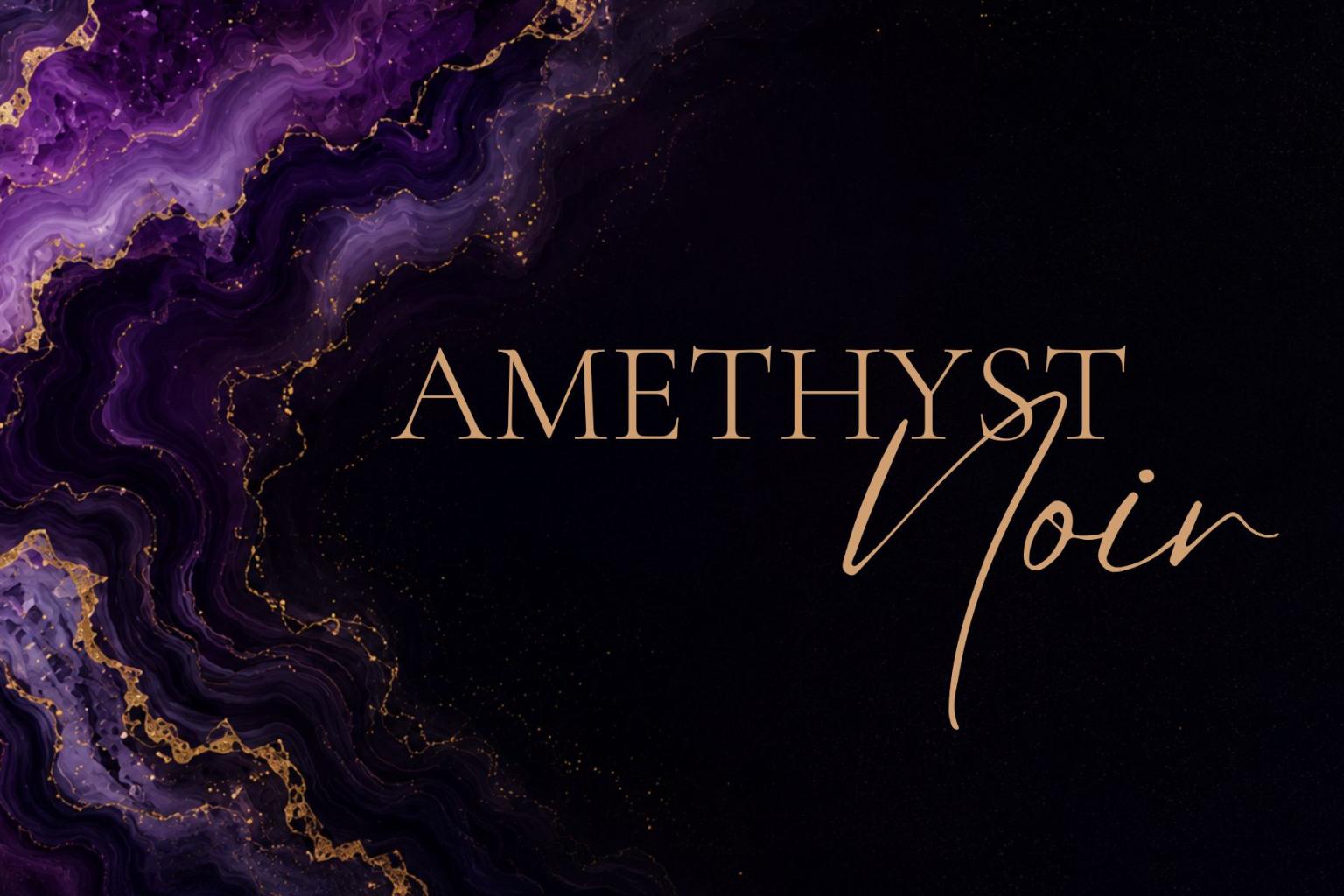 Amethyst Noir logo on black with purple geode border.