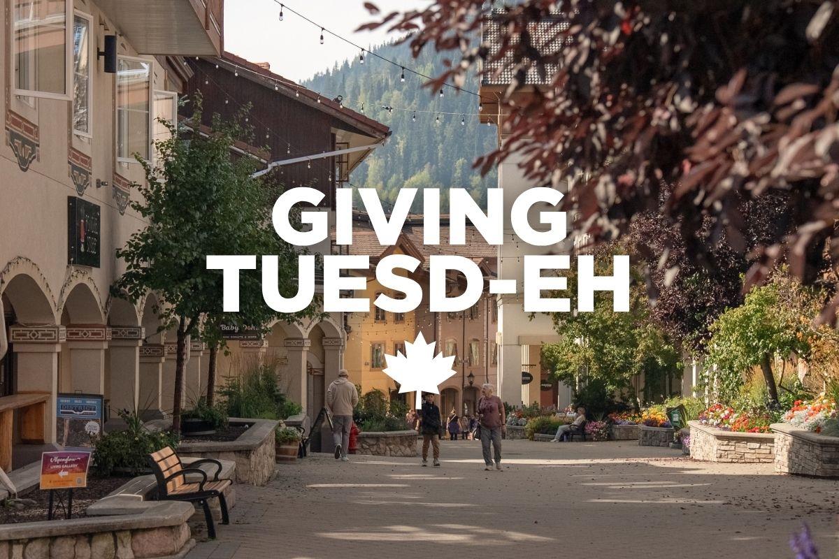 Mountain village walkway with students and bold text, “GIVING TUESD-EH.”