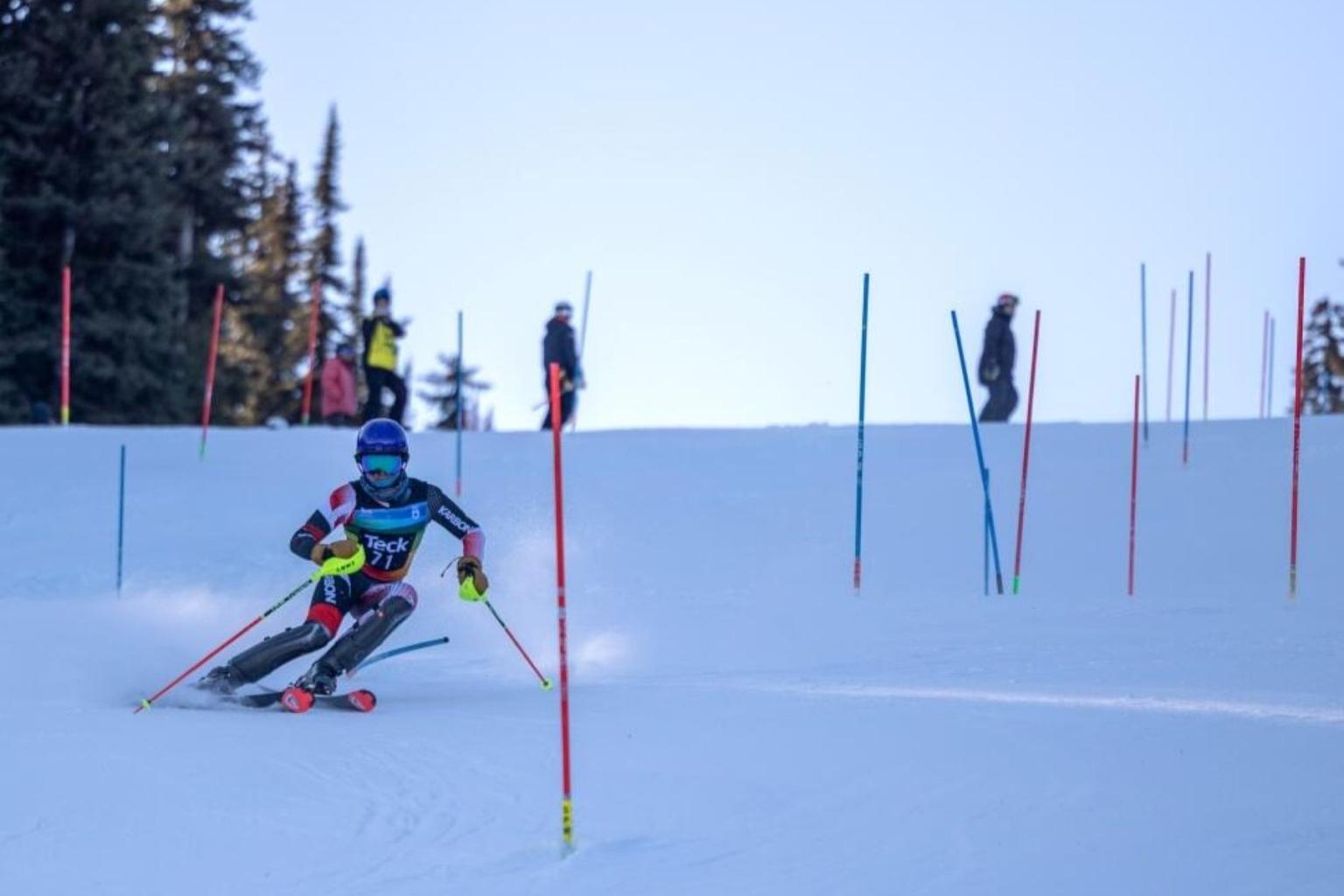 Skier racing through slalom gates on a snowy slope.
