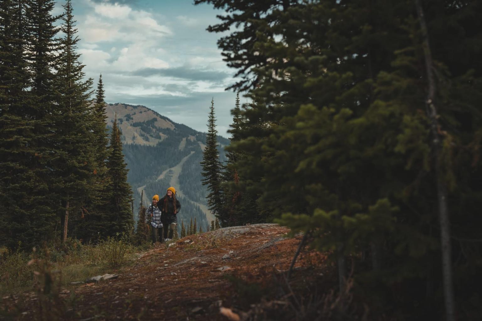 Hiker with backpack walking through a forest trail toward distant mountains