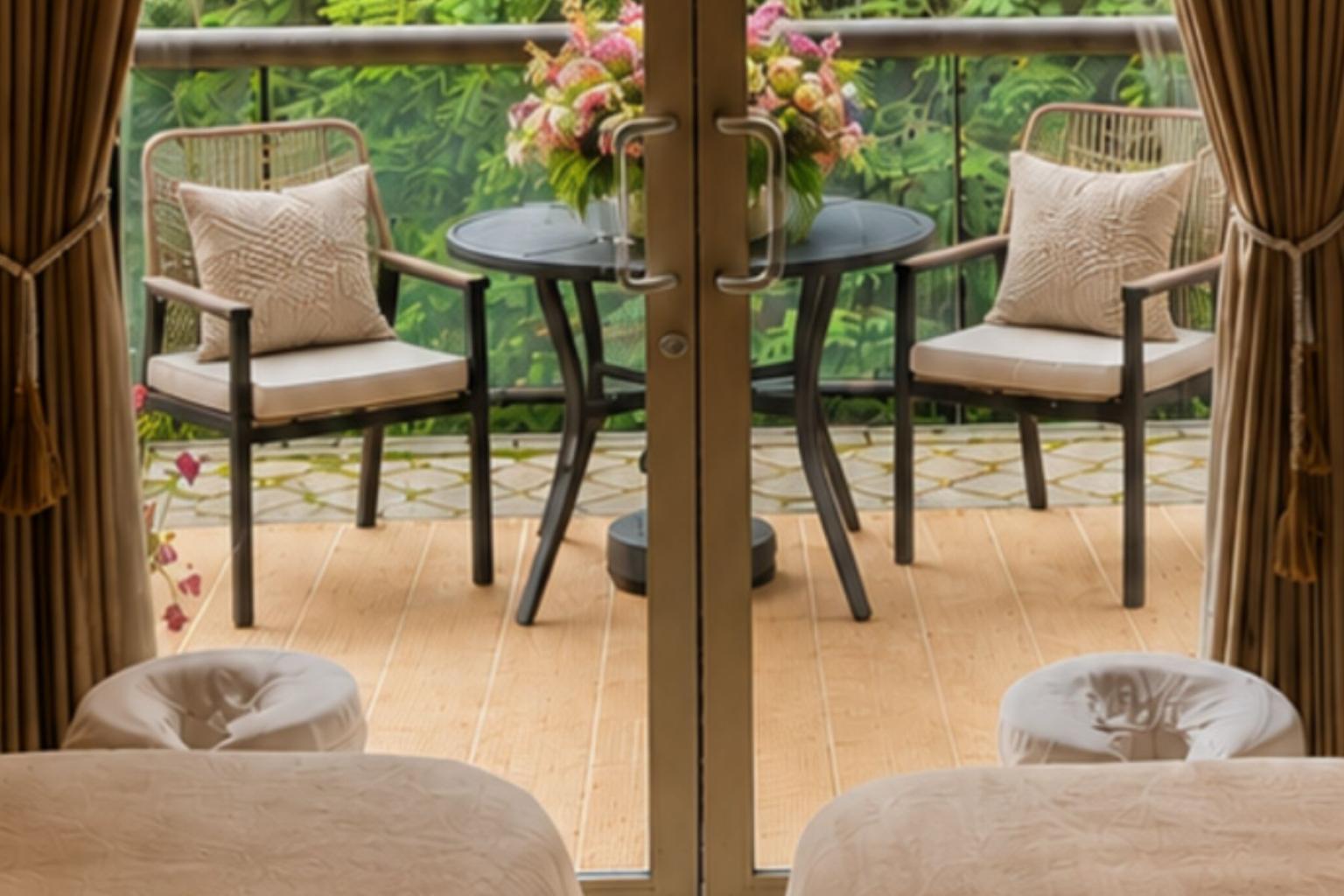 Cozy balcony seating with two armchairs, small tables, and potted flowers.