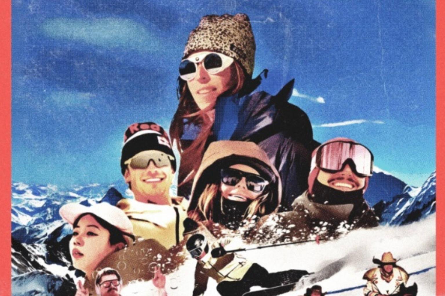 Collage of snowboarders and skiers in snowy mountains under a blue sky.