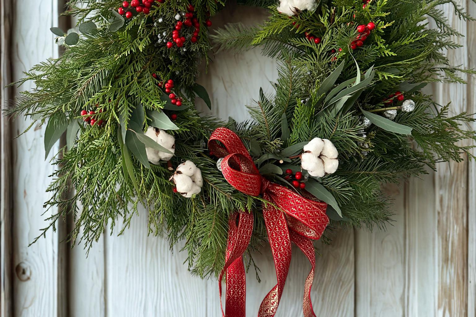 Christmas wreath with pine, red berries, white ornaments, and a red plaid bow on a weathered door.