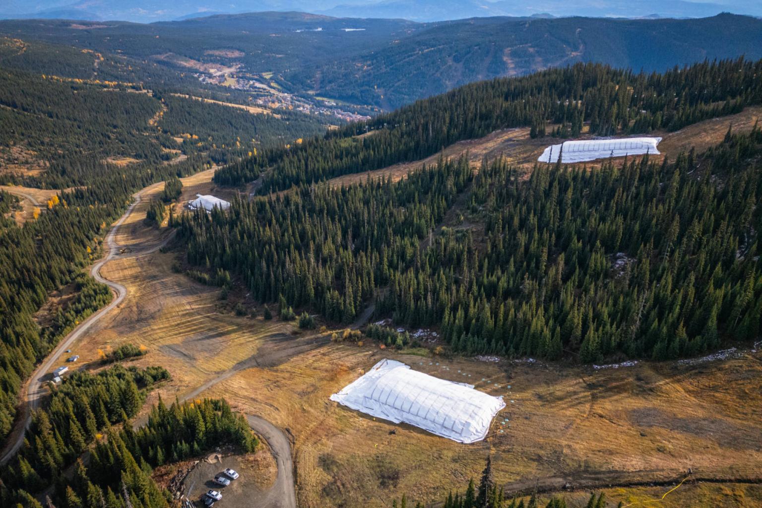 Aerial view of Sun Peaks snow storage insulated mats.