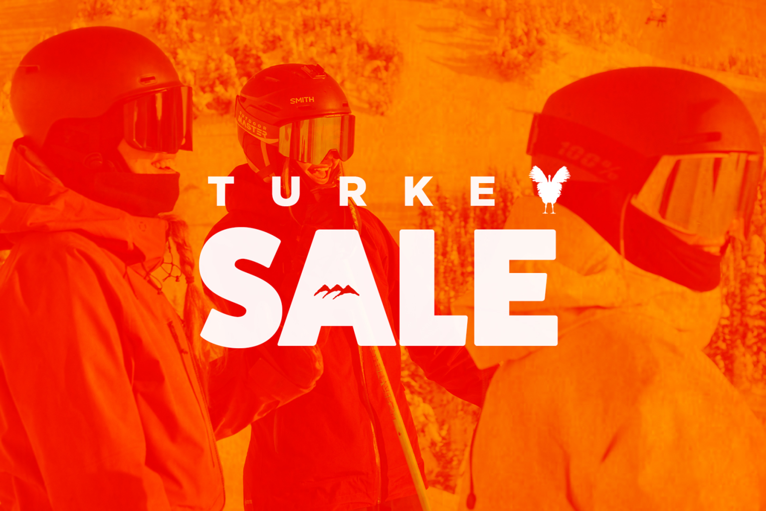Sun Peaks Turkey Sale banner with helmeted riders in orange tones. Text reads "Turkey Sale"