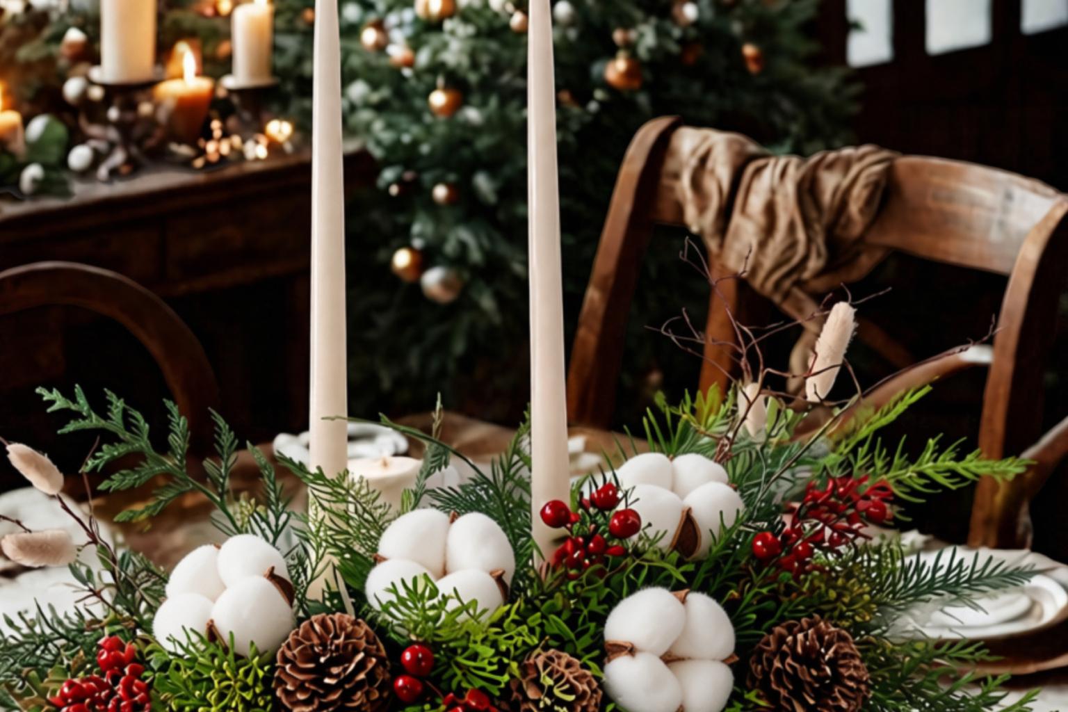 Festive Christmas table centerpiece with candles, ornaments, and evergreen branches