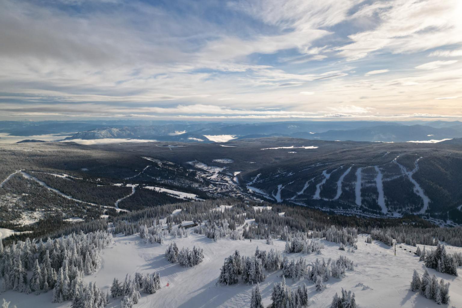 A birds-eye view of Ski runs and Sun Peaks Village