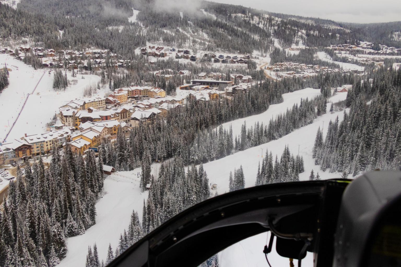 A birds-eye view of Sun Peaks Village and ski runs