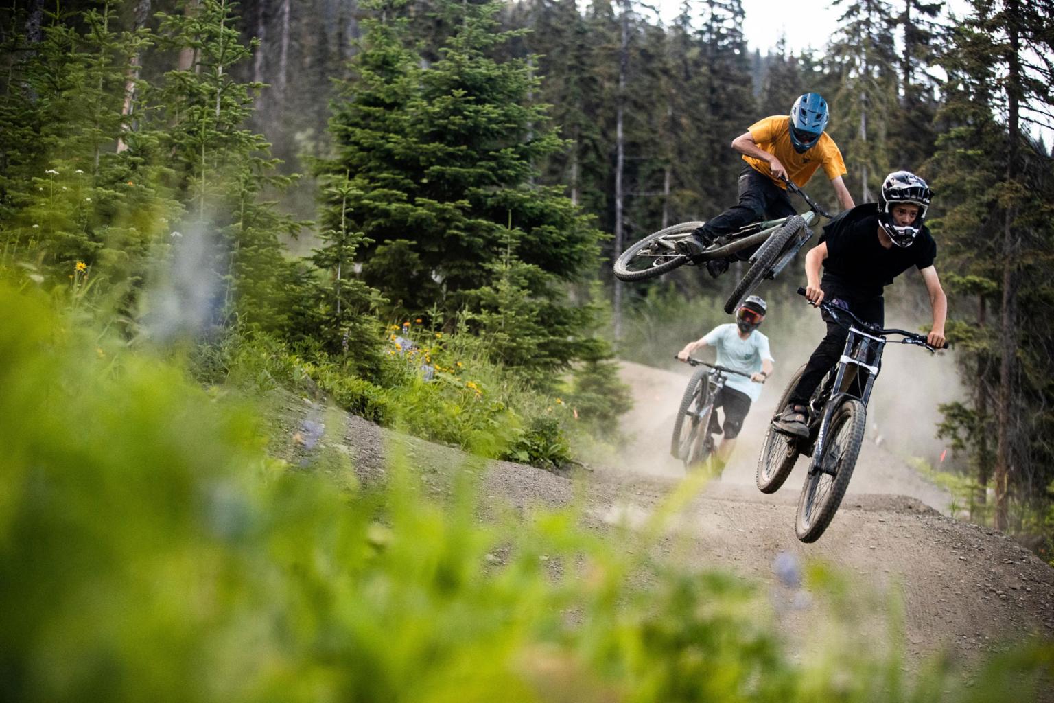 Three downhill mountain bikers riding a trail with greenery around them