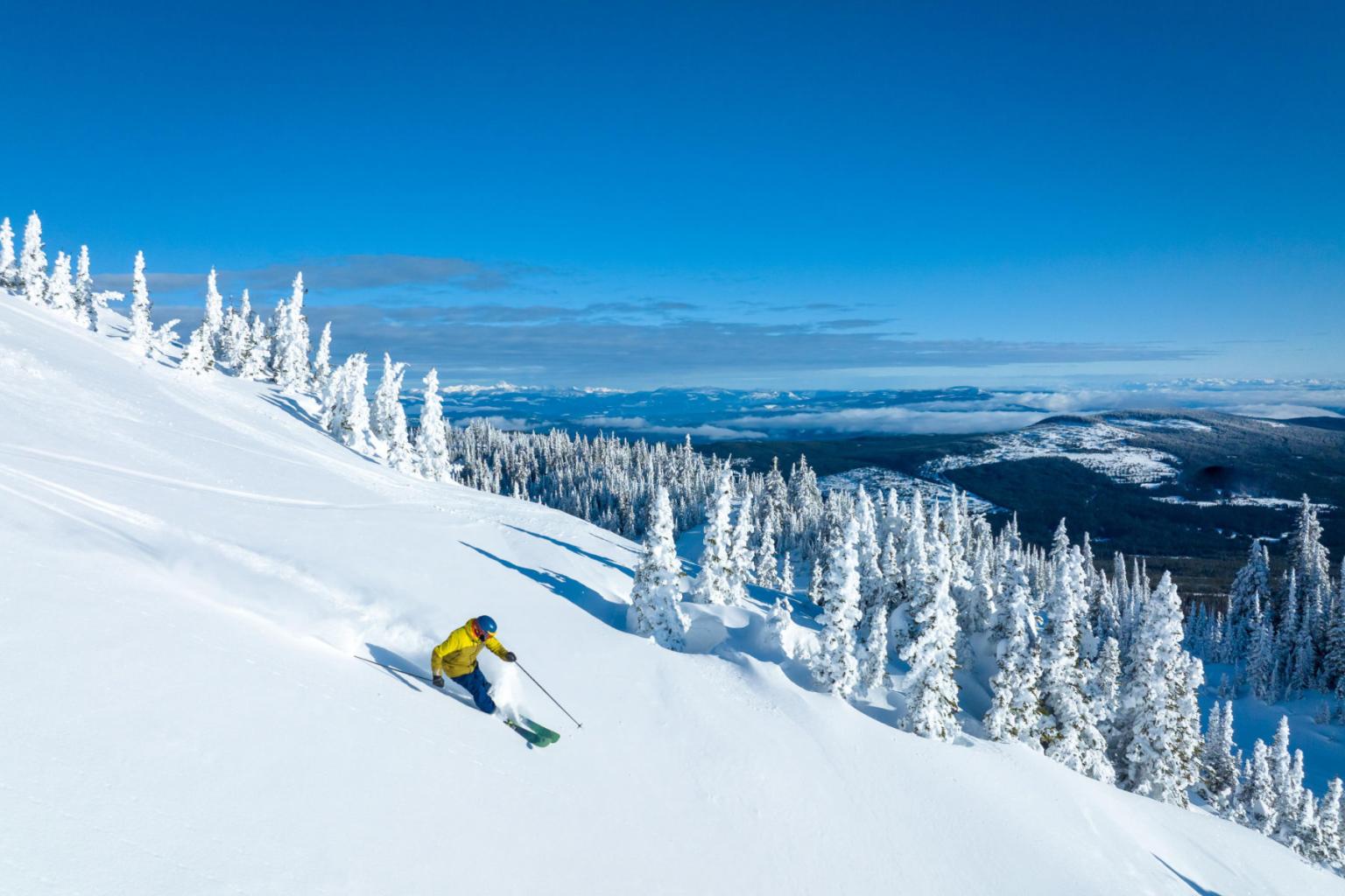 A person skiing downhill in powder with mountain views and blue skies in the background