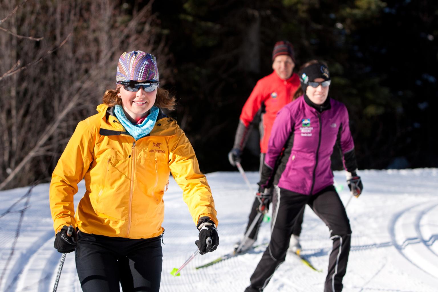 Three Nordic skiers on a trail