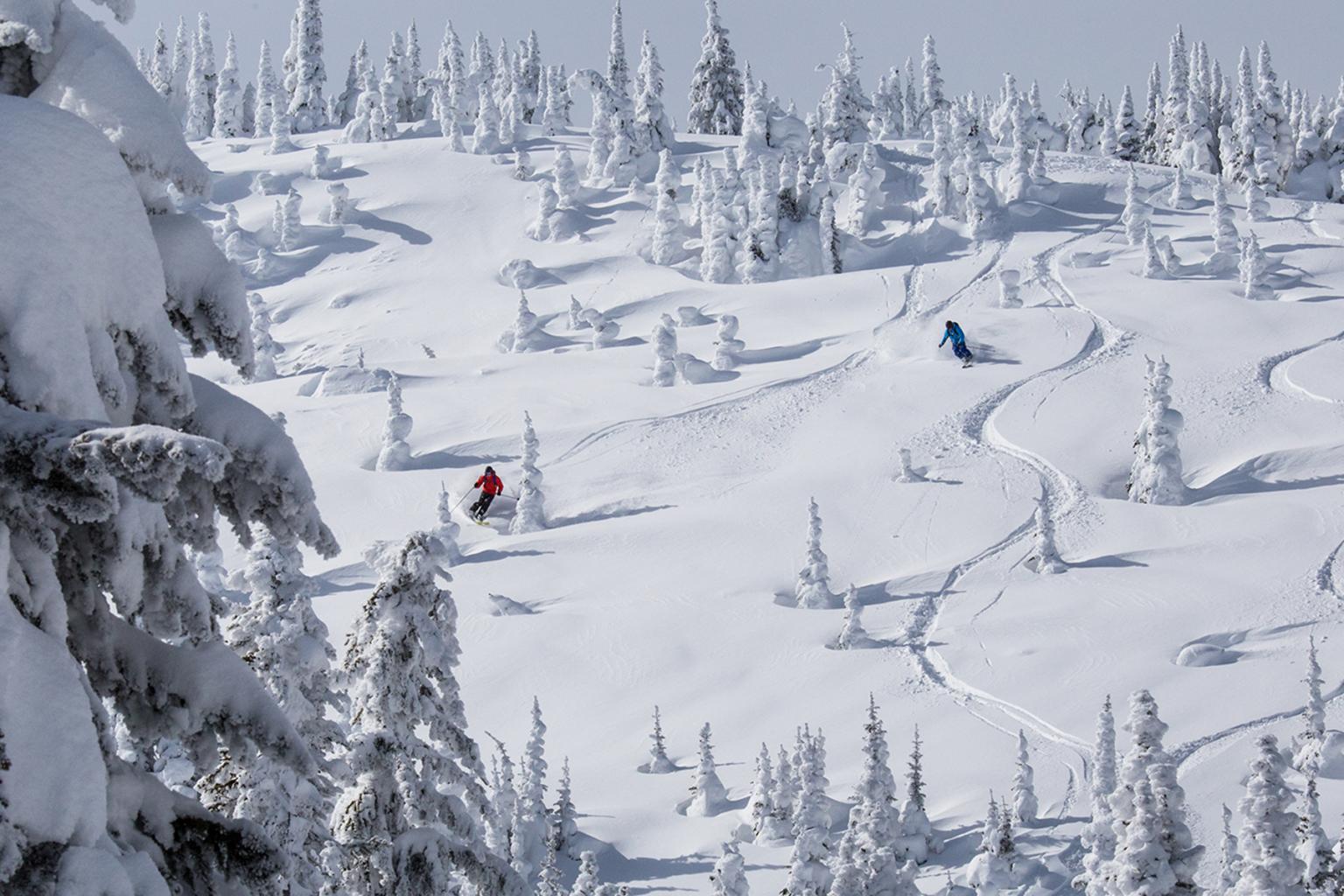 Two skiers riding down a patch of powder surrounded by snow ghosts 