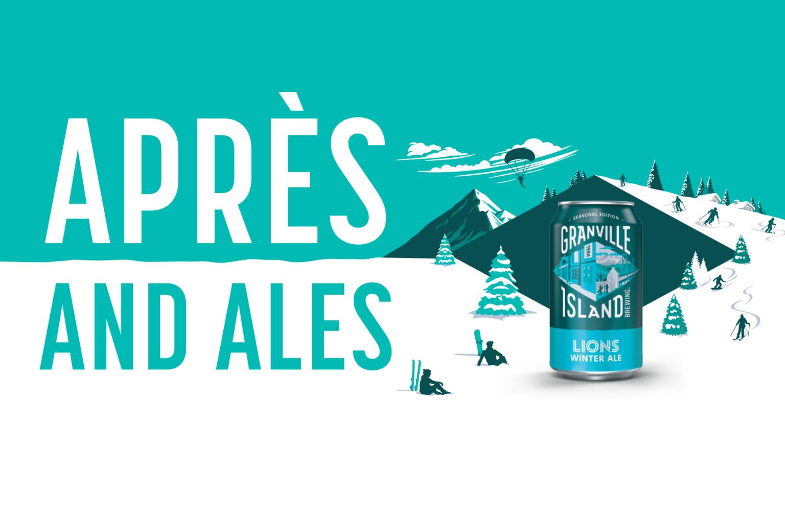 Graphic poster with mountains and people skiing. Apres and Ales poster