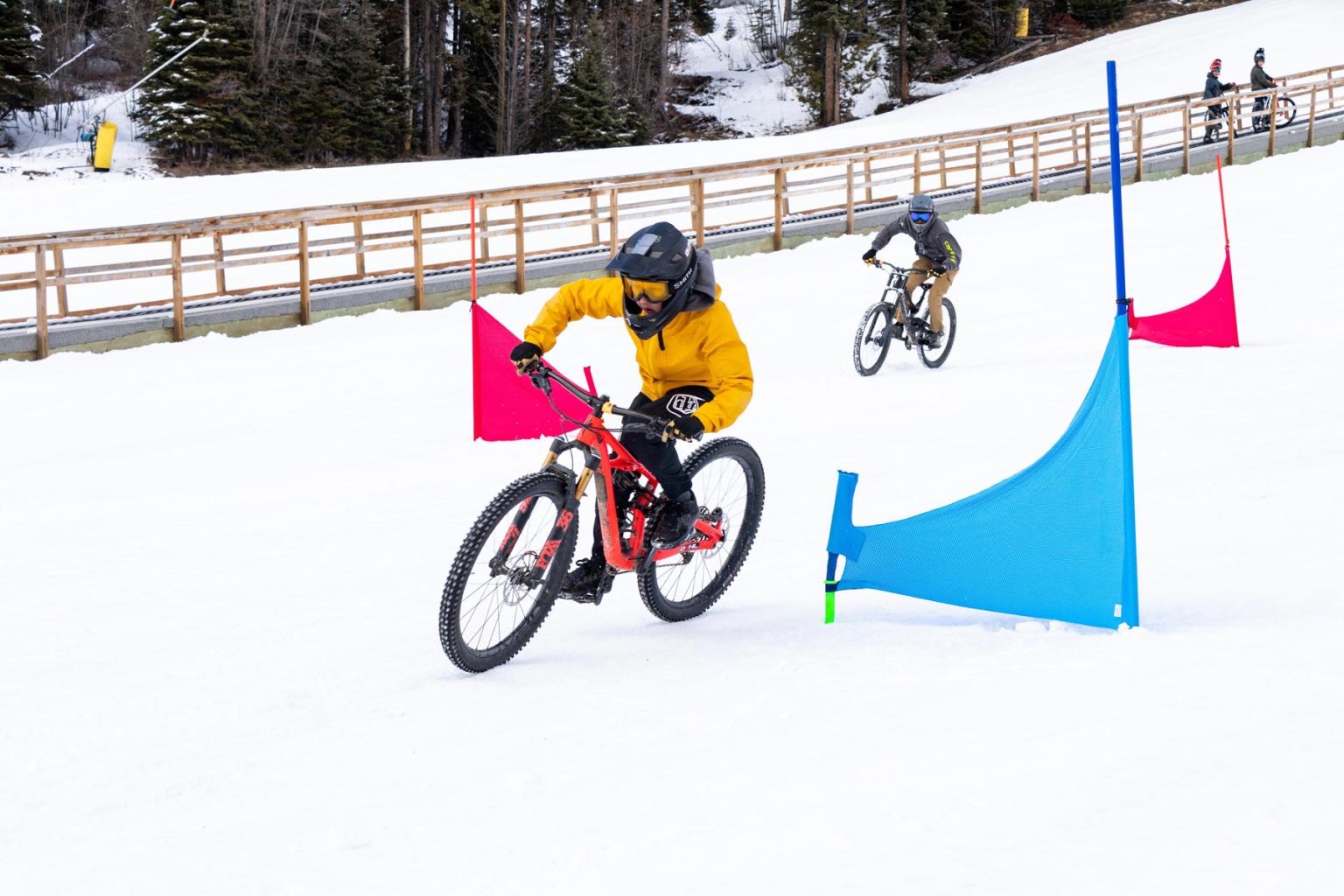 Two people biking down a ski hill