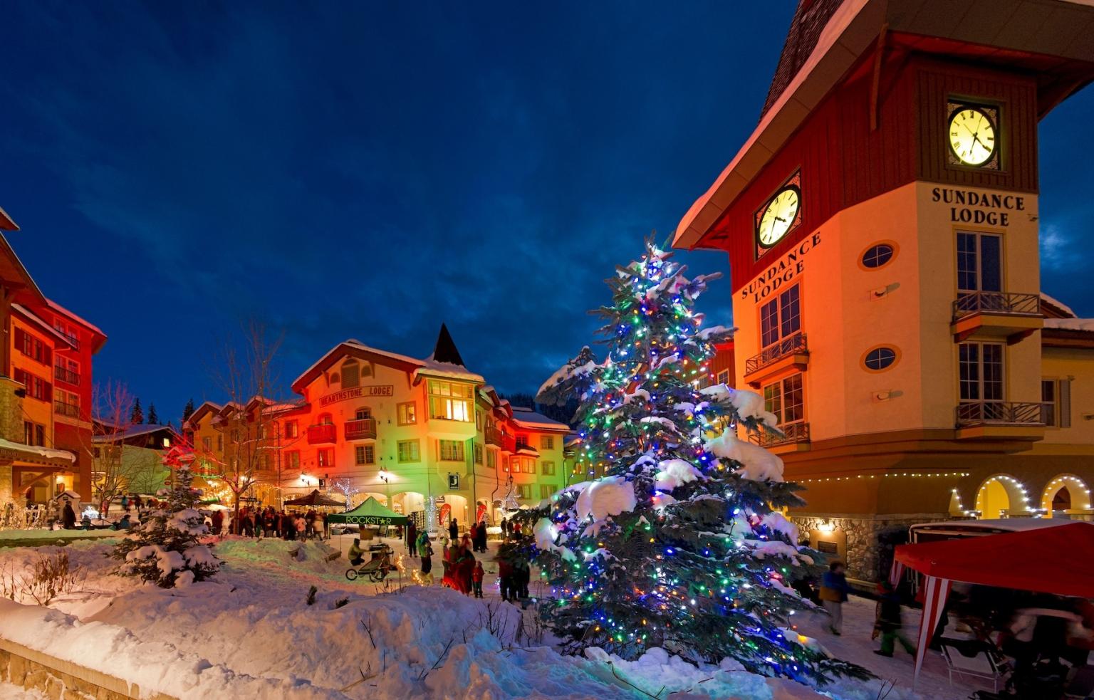 Village at Christmas with lights