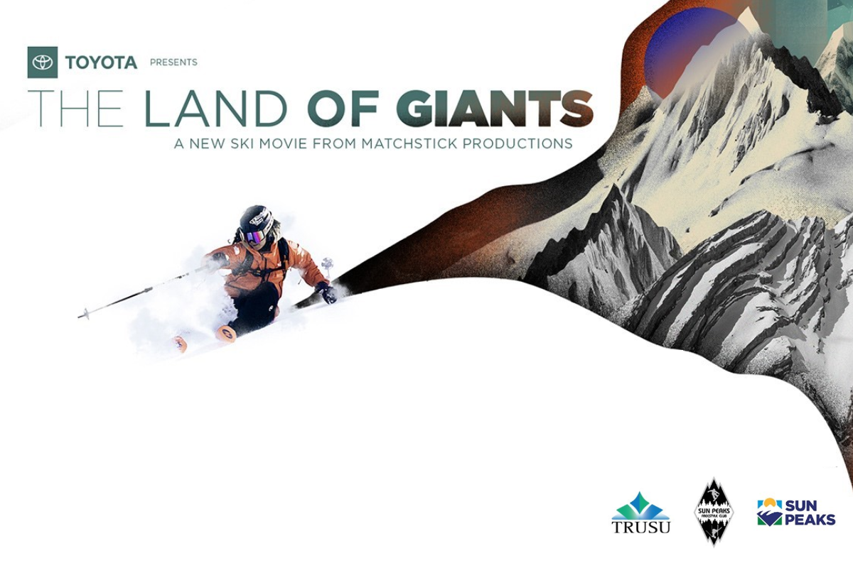 Land of Giants mountain graphic with photo of skier 