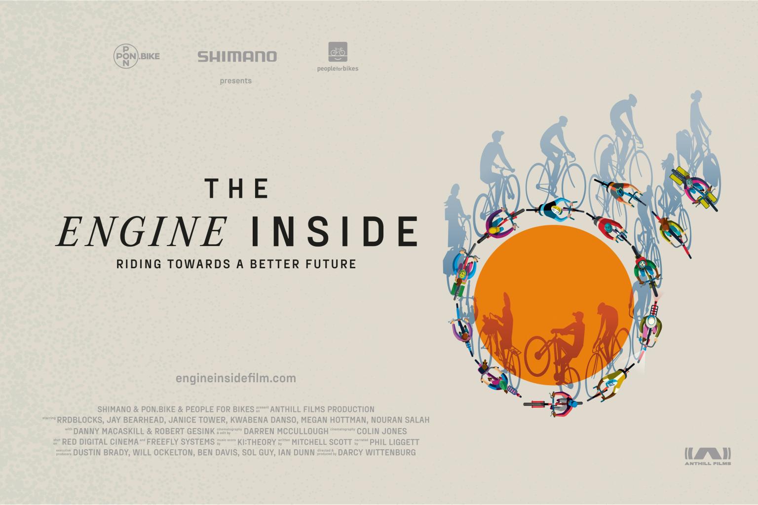 Animated people biking around a sun with 'The Engine Inside' written on the page