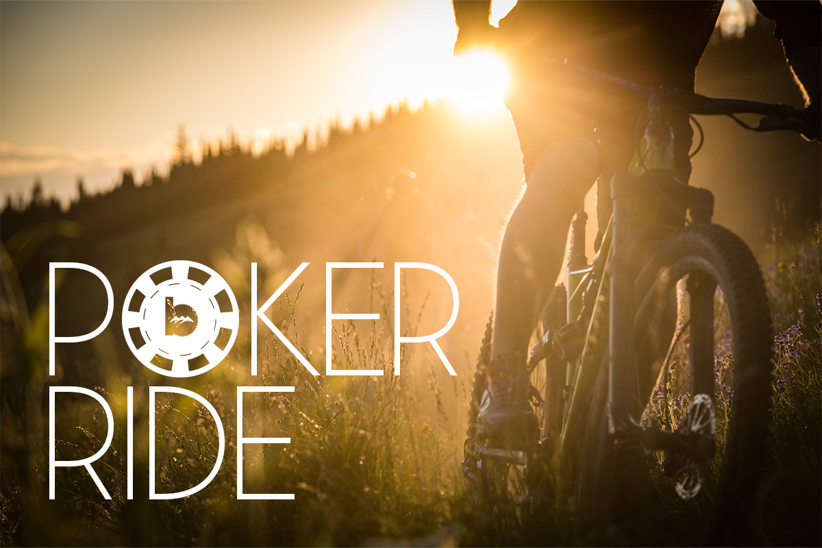 A person on a bike with the sunset behind htem and 'Poker Ride' written on the page