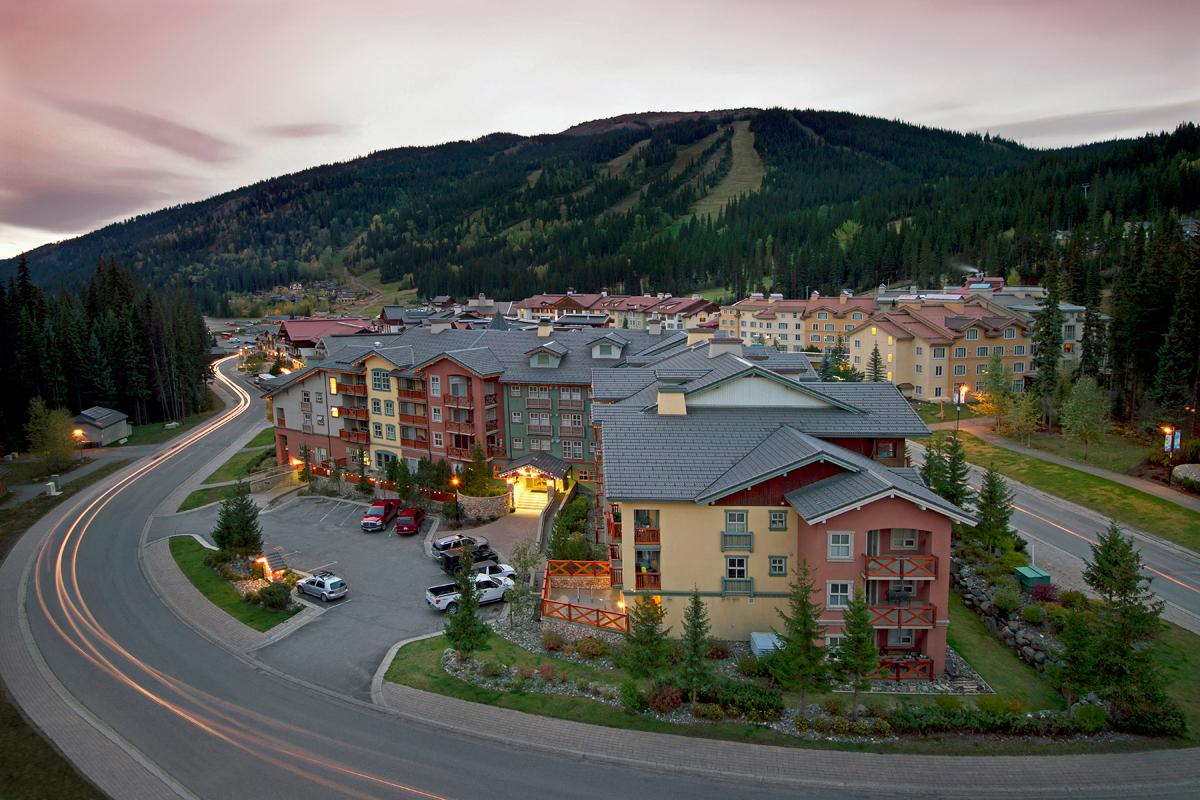 View of the village buildings with the mountain in the background