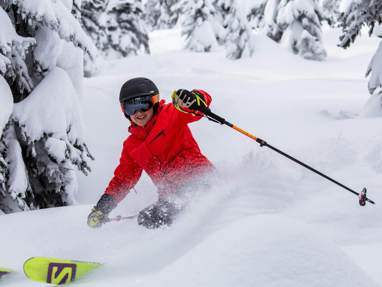 A skier riding through deep powder with trees around them