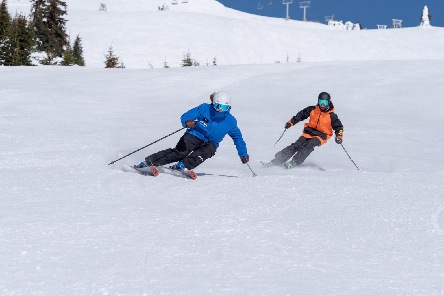 Two skiers riding down the hill side by side with blue skies in the background