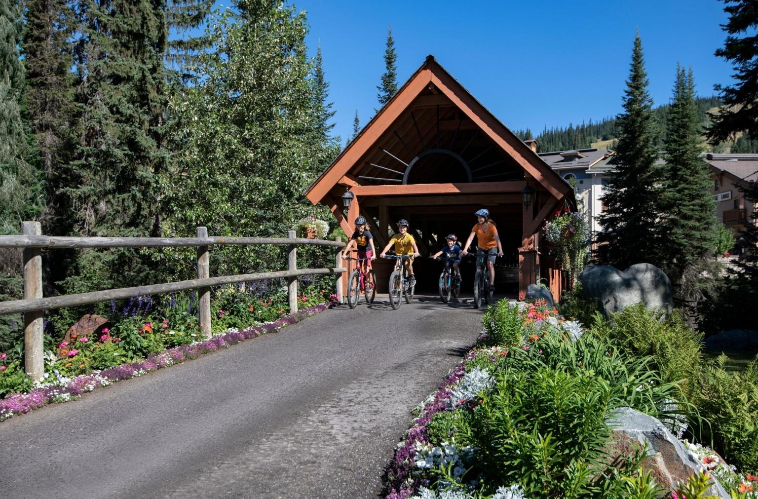 Four people riding bikes under a covered bridge with trees and blue skies 