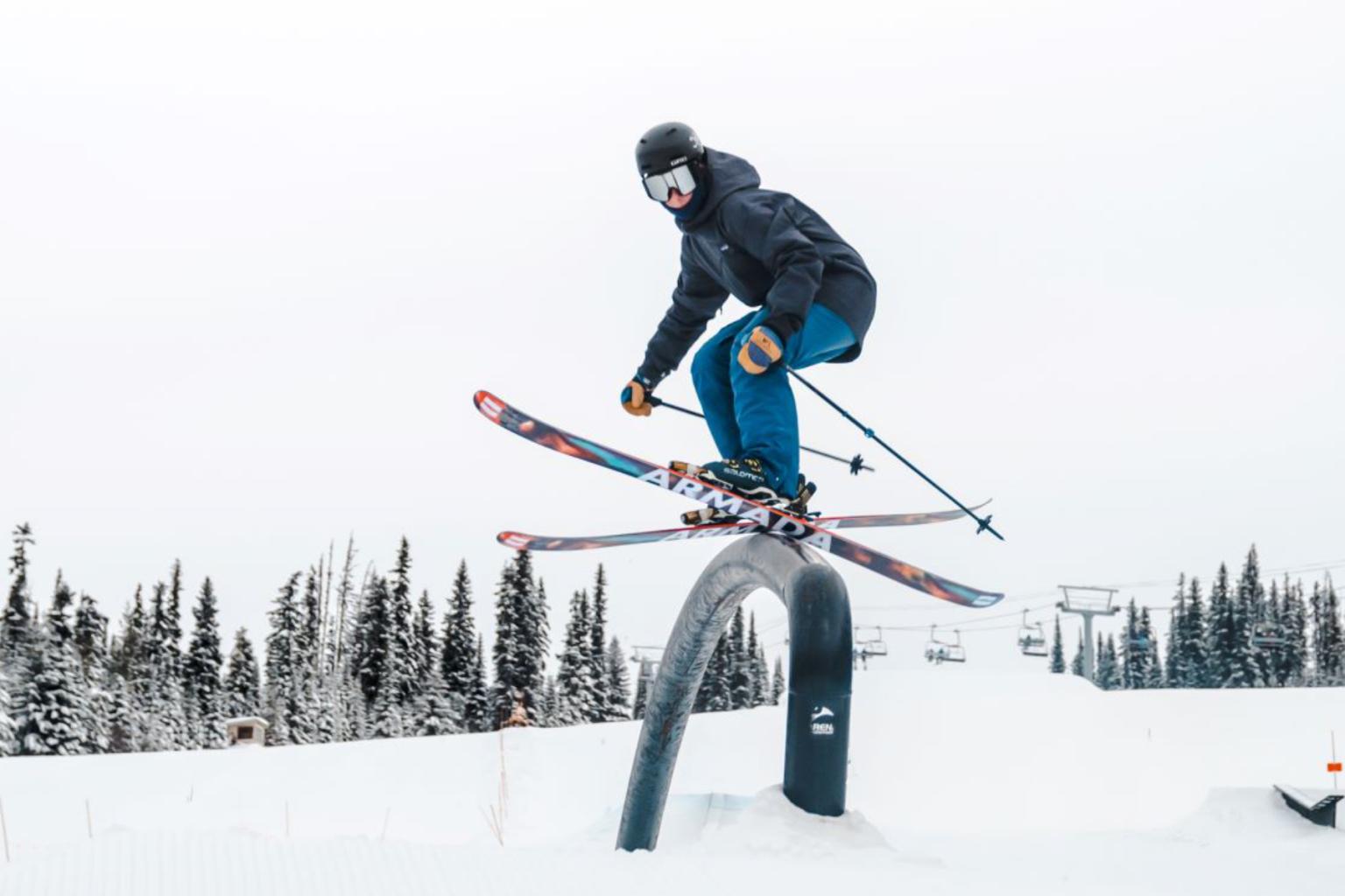 skier hitting a rail with trees in the background