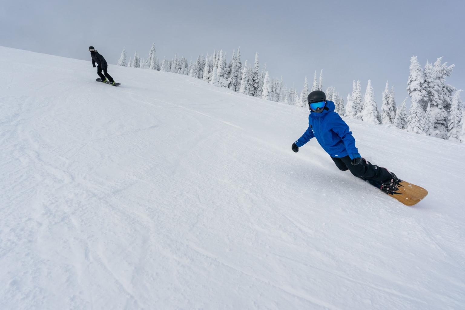 Two snowboarders carving on fresh tracks with trees behind them