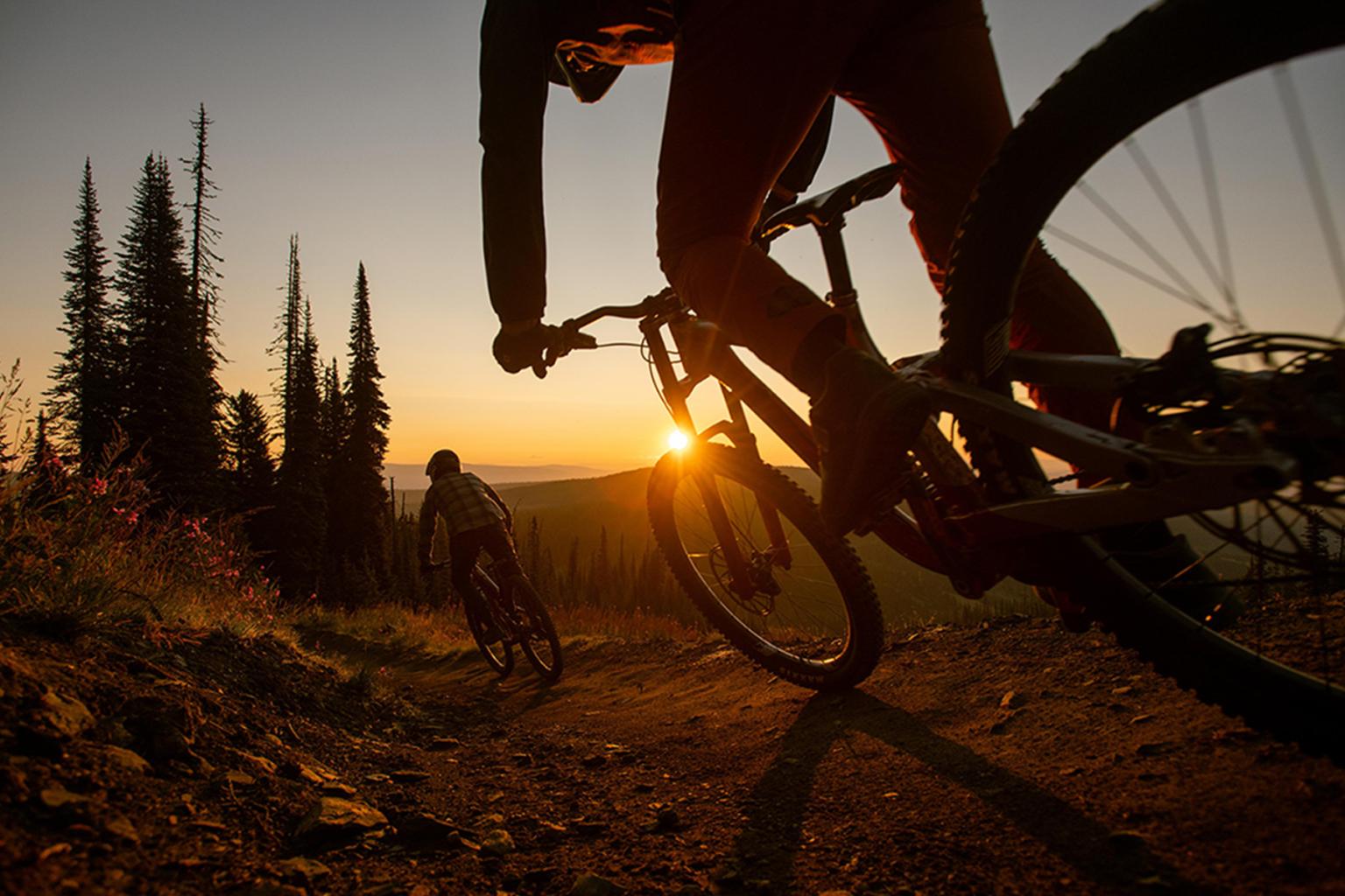 Two mountain bikers riding downhill at sunset